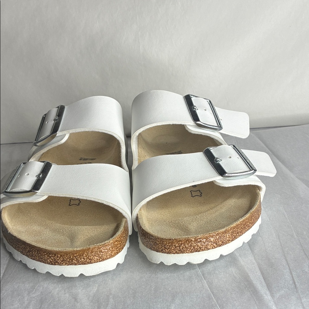 Birkenstock White Sandals with Metallic Buckles - Picture 2 of 7
